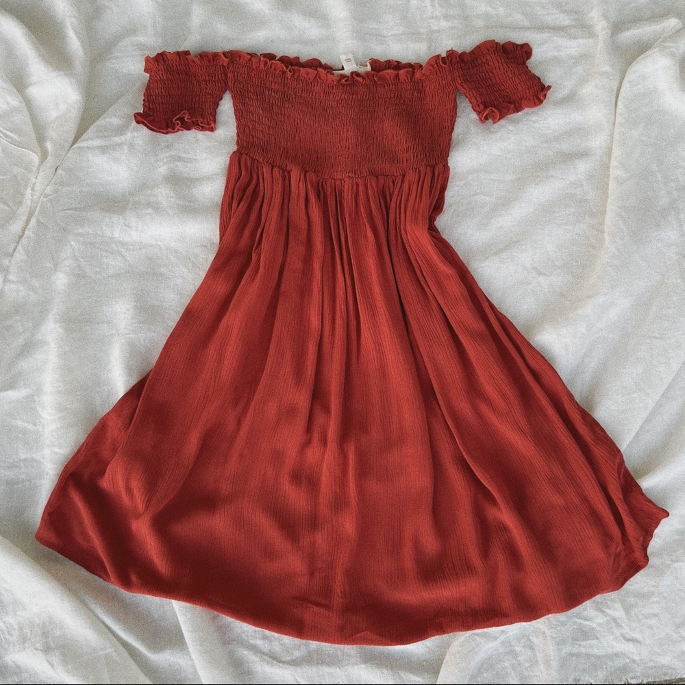 Terracotta Off the Shoulder Dress